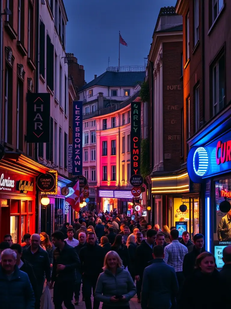 A lively scene in Soho, London, with its colorful buildings, theaters, and bustling nightlife, capturing the area's vibrant and energetic atmosphere.