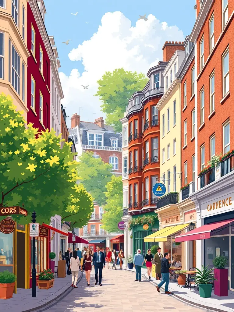 A charming view of Marylebone High Street, London, with its mix of boutiques, cafes, and residential buildings, highlighting the area's sophisticated and village-like atmosphere.
