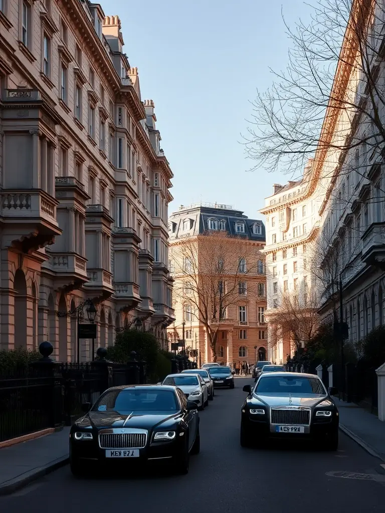 An elegant residential street in Knightsbridge, London, featuring grand Victorian architecture and luxury cars, emphasizing the area's exclusivity and high property values.