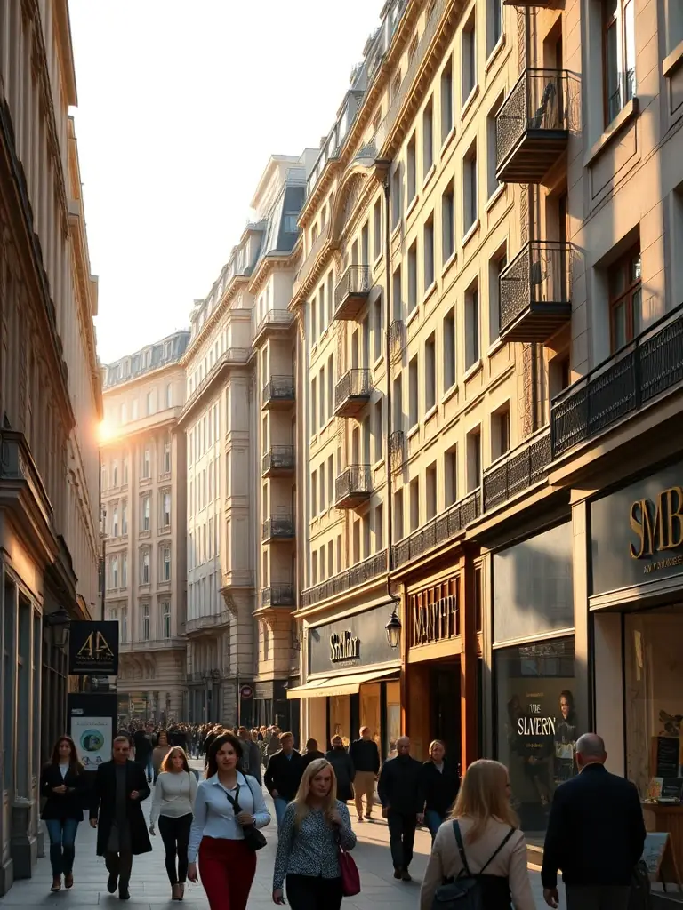 A vibrant street scene in Mayfair, London, showcasing luxury shops and upscale apartments, reflecting the area's affluence and desirability for high-end rentals.